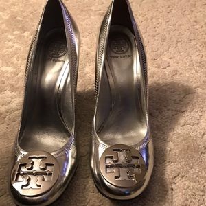 Tory Burch silver wedges
